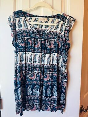 LOFT Navy and Pink Paisley Cap-Sleeve Tunic